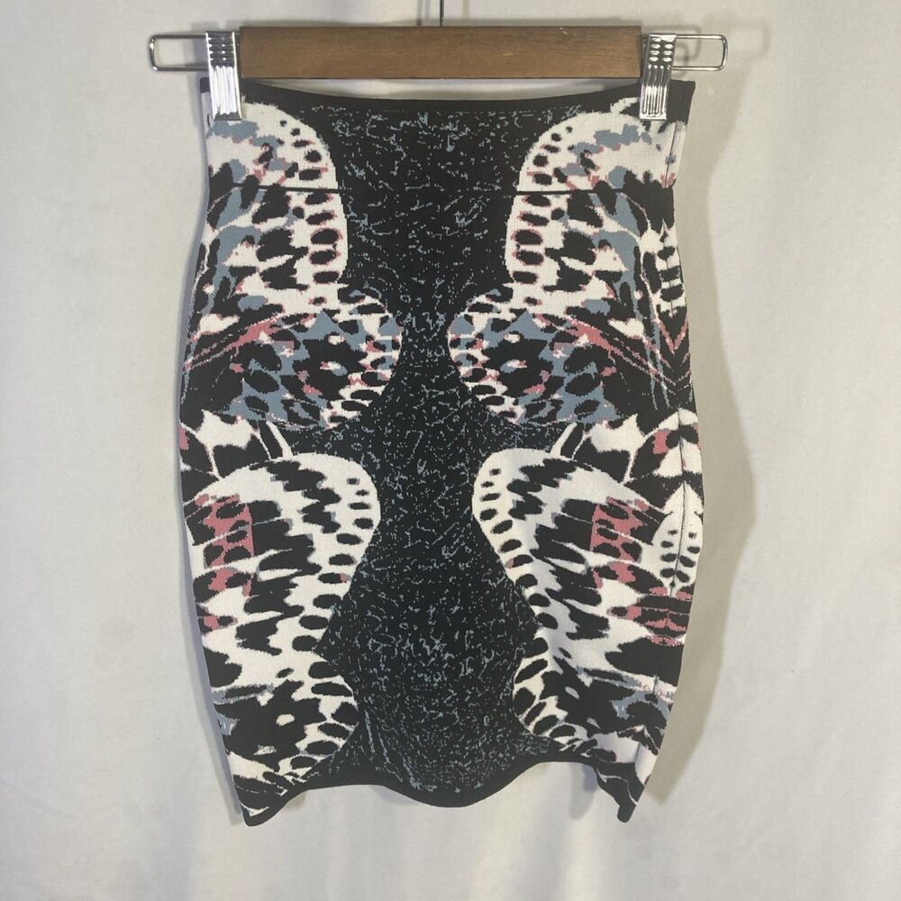 BCBGMAXAZRIA black multicolor butterfly pull on bodycon pencil skirt XXS